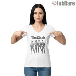 The Clash Classic Band Lineup Photo Shirt on white v-neck shirt for women graphic tee