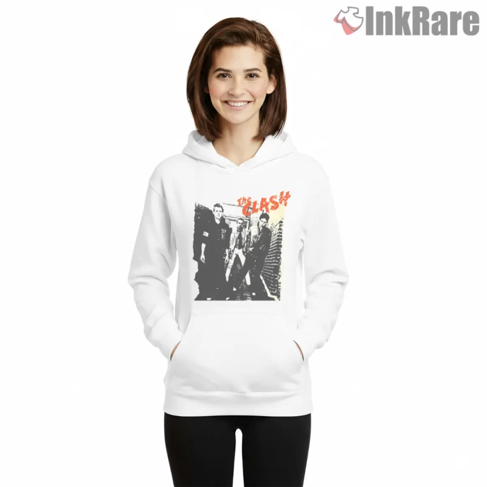 The Clash Classic Band Portrait Retro Shirt on white hoodie for women graphic tee