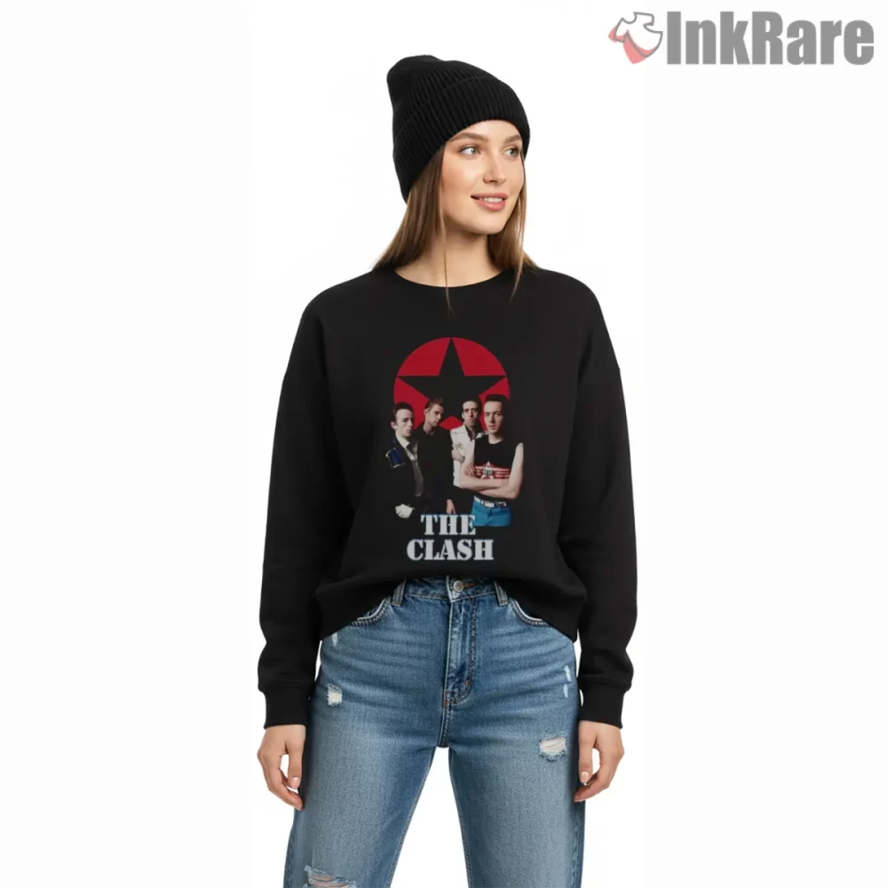 The Clash Classic Band Portrait With Red Star Shirt on graphic shirt for women graphic tee