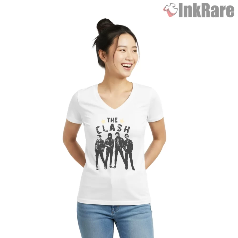 The Clash Classic Black And White Band Shirt on white v-neck shirt for women graphic tee