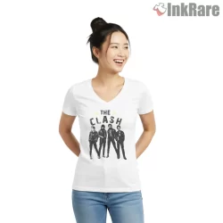 The Clash Classic Black And White Band Shirt on white v-neck shirt for women graphic tee