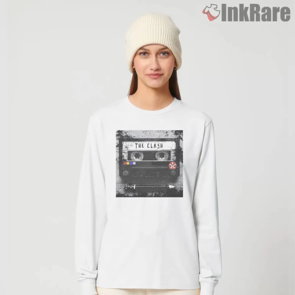 The Clash Classic Cassette Tape Punk Shirt on white long sleeve shirt for women graphic tee