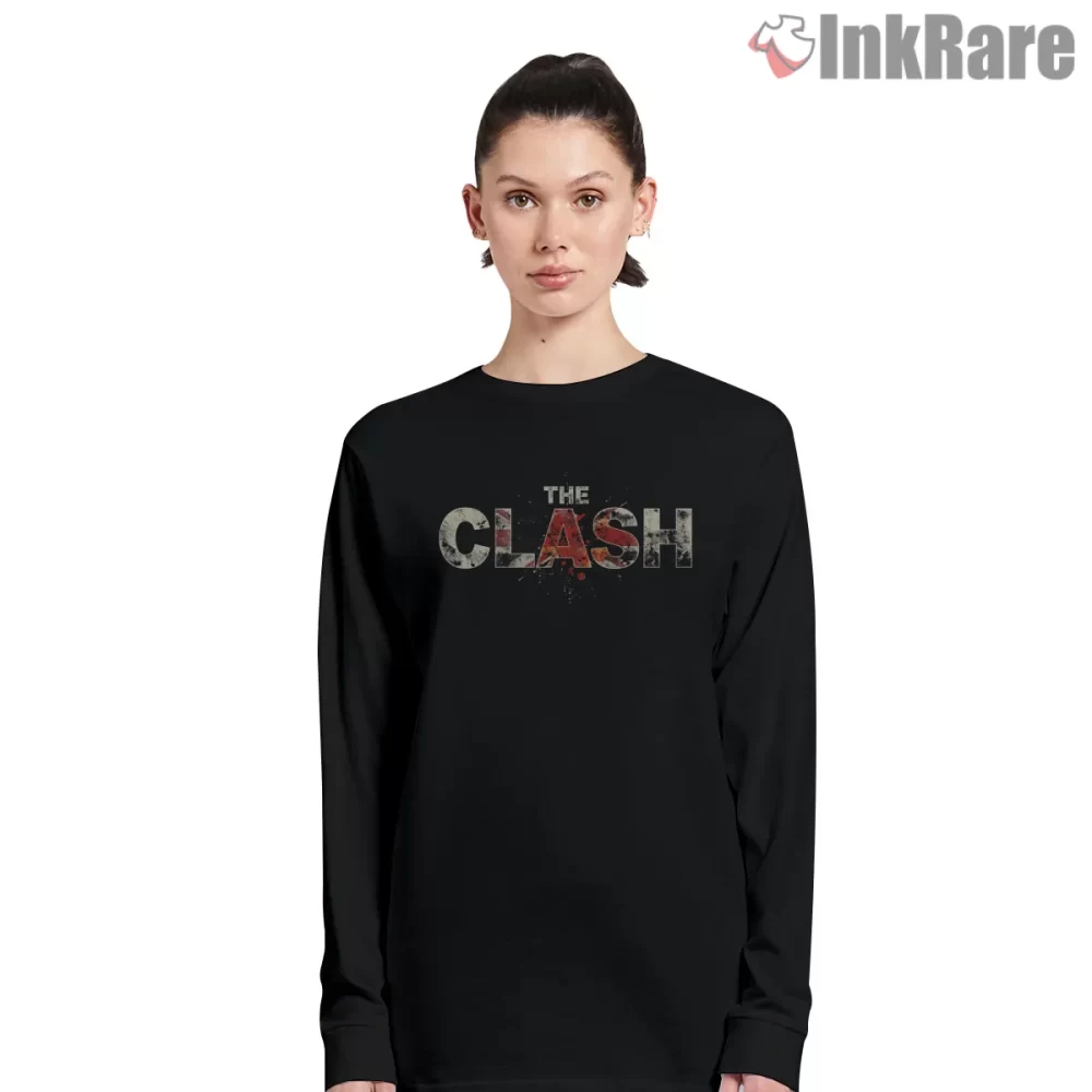 The Clash Classic Wordmark Faded Ink Shirt on black long sleeve shirt for women graphic tee
