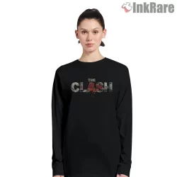 The Clash Classic Wordmark Faded Ink Shirt on black long sleeve shirt for women graphic tee