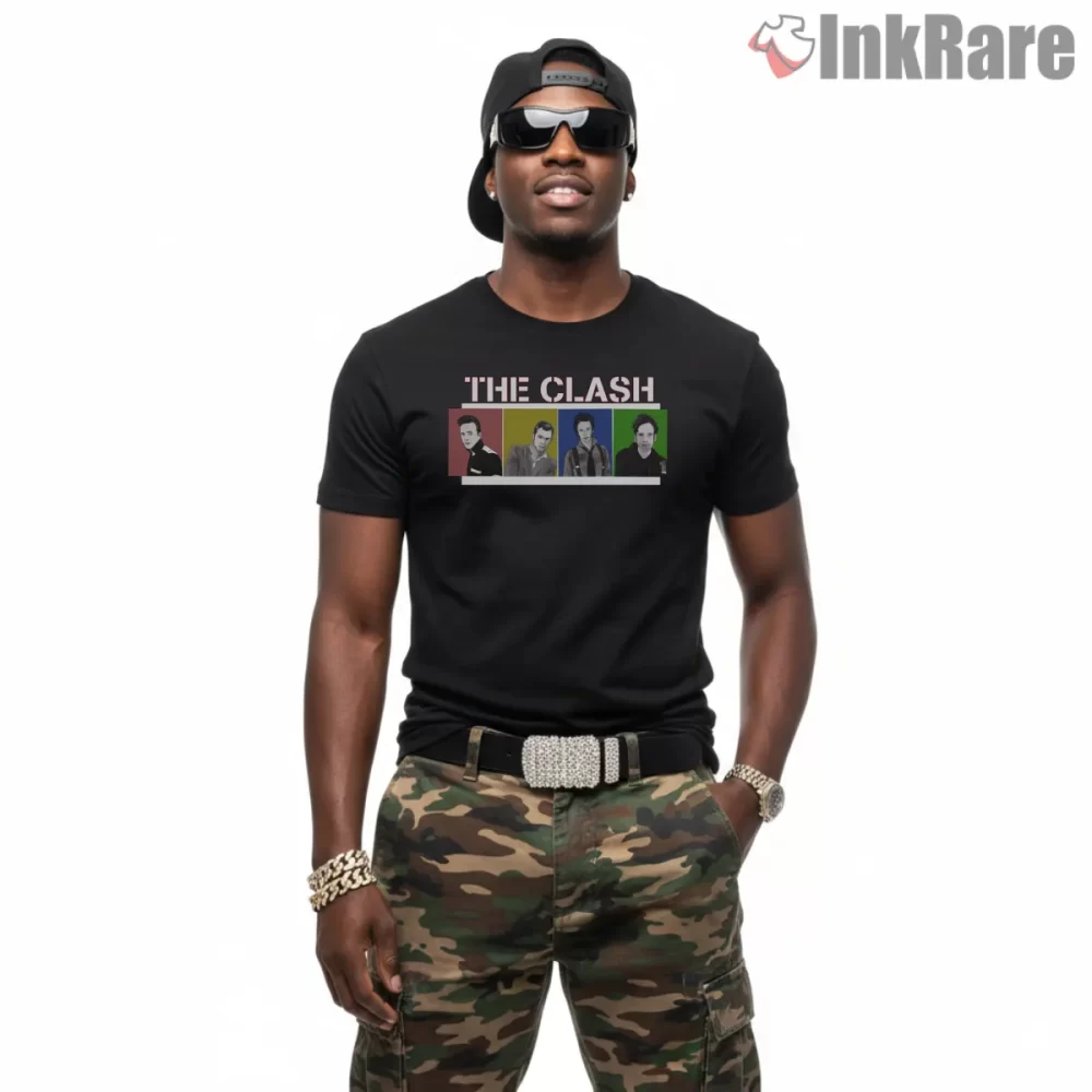 The Clash Color Block Band Portrait Strip Shirt on black short sleeve shirt for men graphic tee