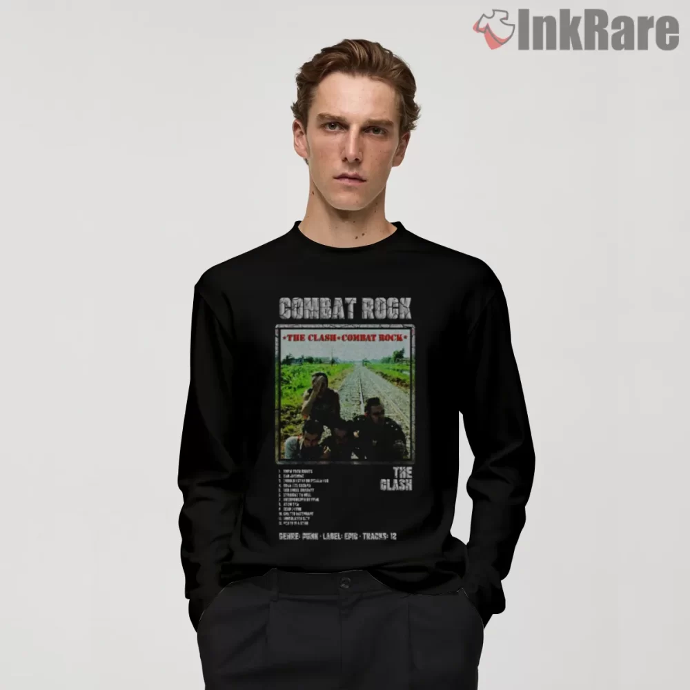 The Clash Combat Rock Album Tracklist Shirt on black long sleeve shirt for men graphic tee