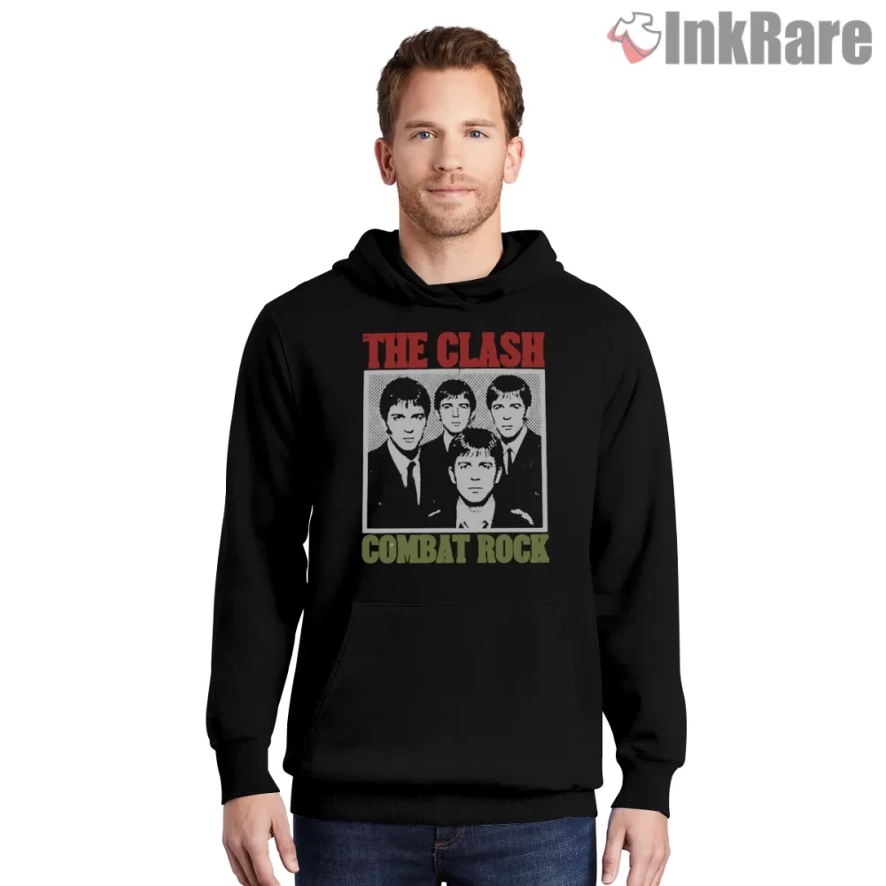 The Clash Combat Rock Classic Portrait Cover Shirt on black hoodie for men graphic tee