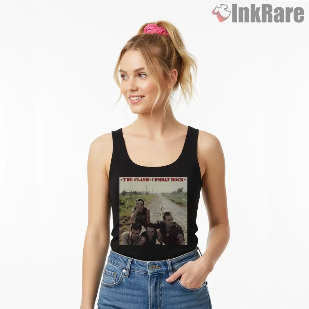 The Clash Combat Rock Railroad Cover Shirt on black tank top for women graphic tee