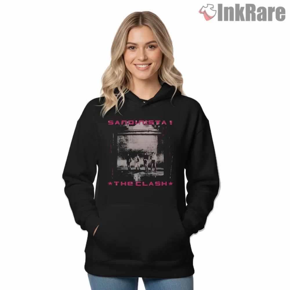 The Clash Combat Rock Sandinista Style Punk Shirt on black hoodie for women graphic tee
