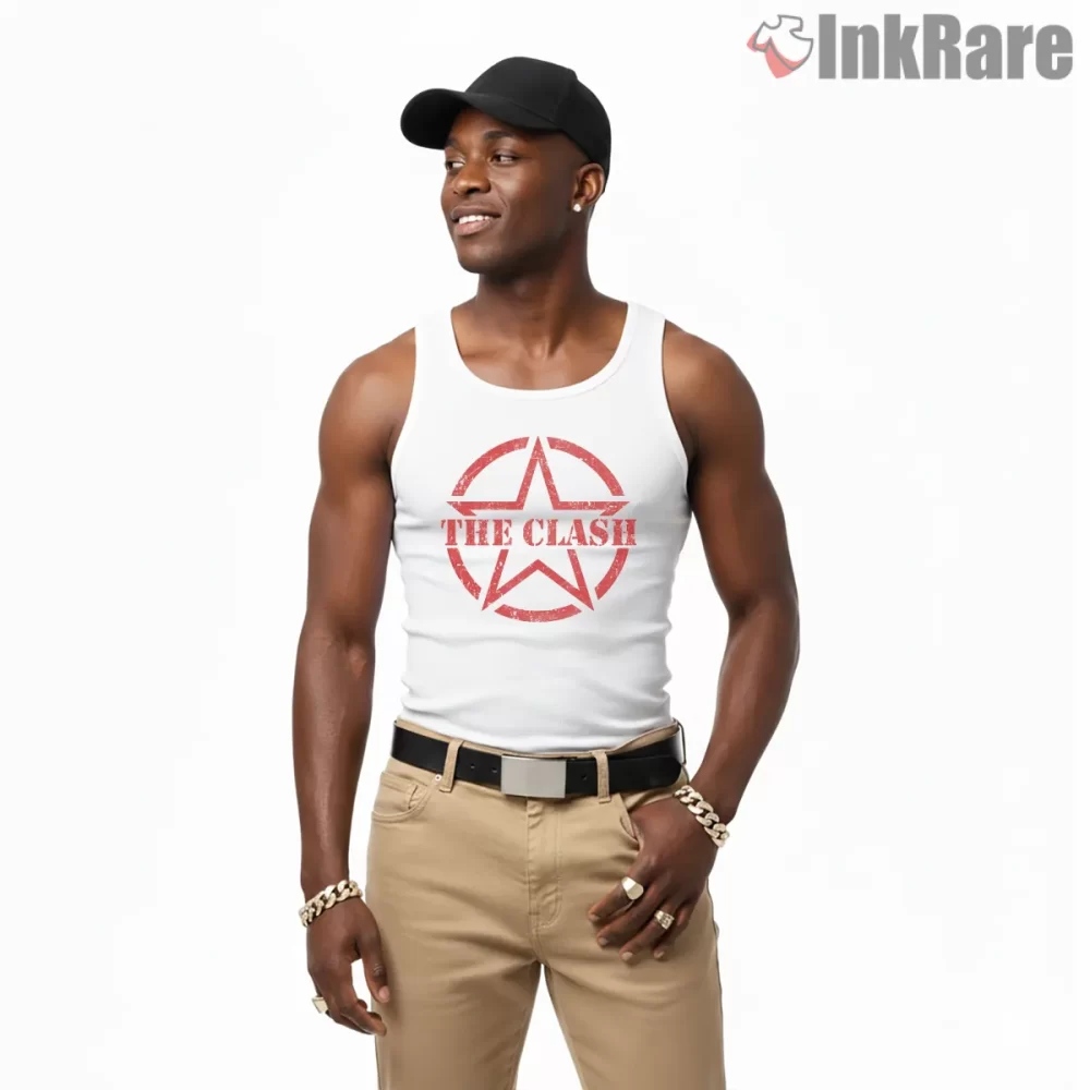 The Clash Distressed Star Vintage Logo Shirt on white tank top for men graphic tee