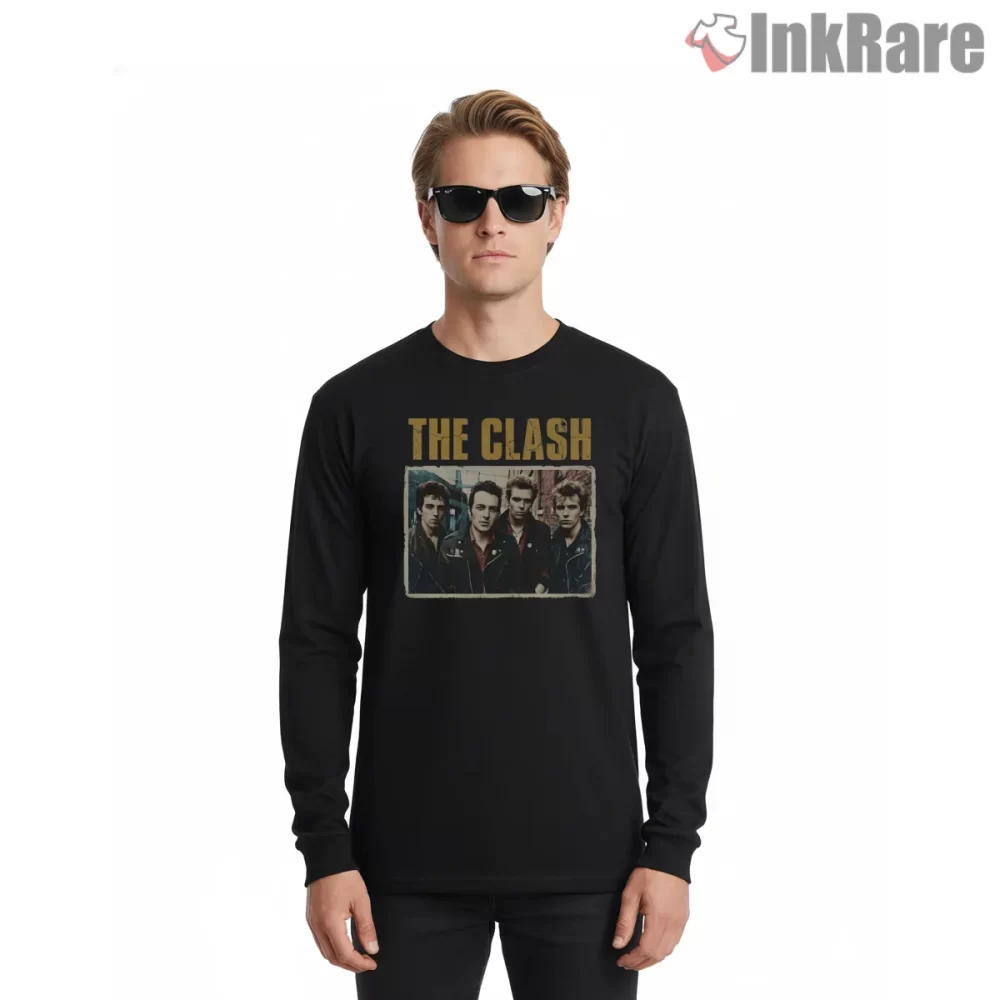 The Clash Early Punk Band Portrait Shirt on black long sleeve shirt for men graphic tee