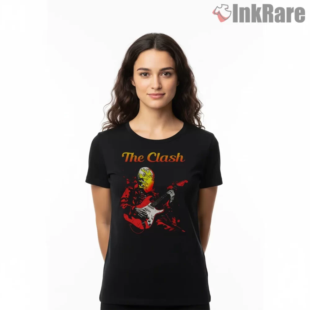 The Clash Electric Guitar Flame Fan Art Shirt on black short sleeve shirt for women graphic tee