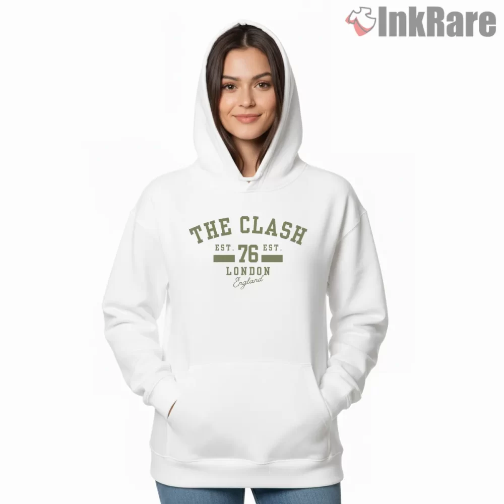 The Clash Est 1976 London Heritage Shirt on white hoodie for women graphic tee