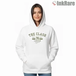 The Clash Est 1976 London Heritage Shirt on white hoodie for women graphic tee