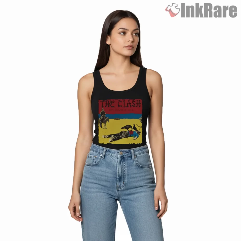 The Clash Give Em Enough Rope Album Shirt on black tank top for women graphic tee