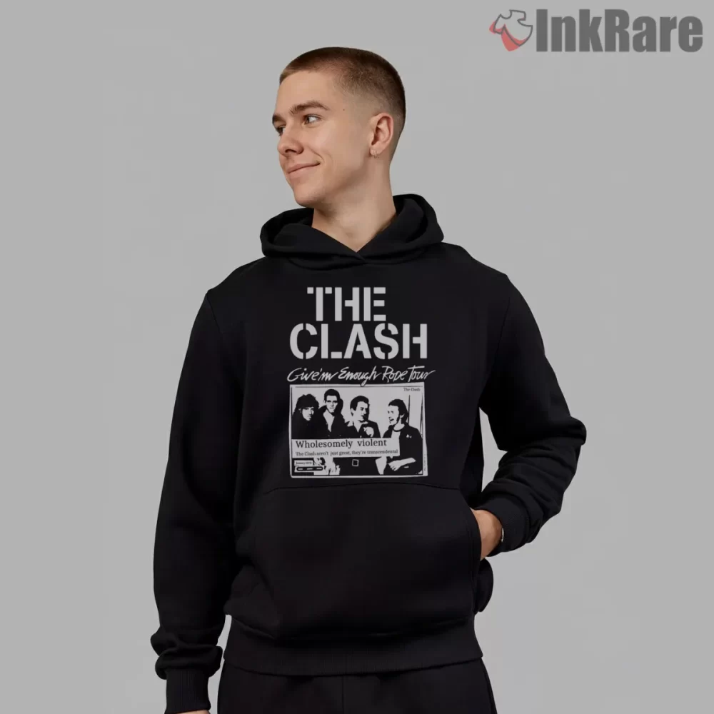 The Clash Give Em Enough Rope Tour Poster Shirt on black hoodie for men graphic tee
