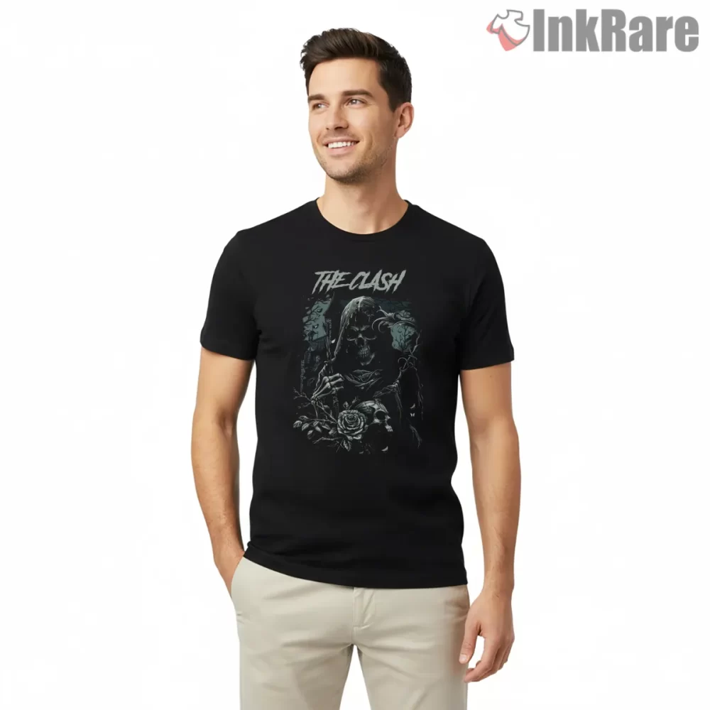 The Clash Grim Reaper Rose Gothic Punk Shirt on black short sleeve shirt for men graphic tee