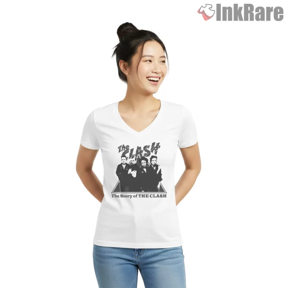 The Clash Grunge Era Storytelling Shirt on white v-neck shirt for women graphic tee