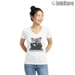 The Clash Grunge Era Storytelling Shirt on white v-neck shirt for women graphic tee