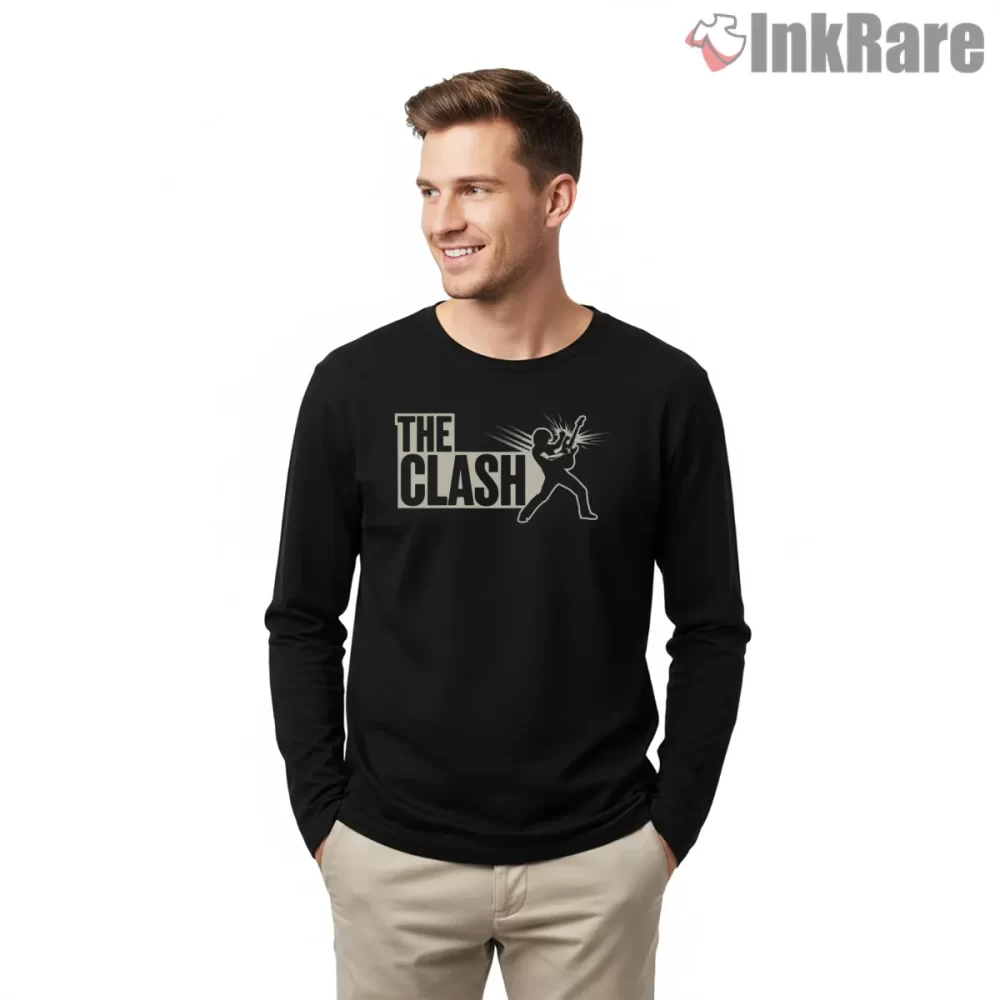 The Clash Guitar Smash Silhouette Logo Shirt on black long sleeve shirt for men graphic tee