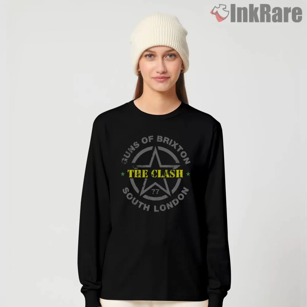 The Clash Guns Of Brixton South London Emblem Shirt on black long sleeve shirt for women graphic tee