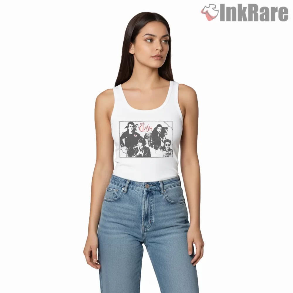 The Clash Hand Drawn Punk Band Illustration Shirt on white tank top for women graphic tee