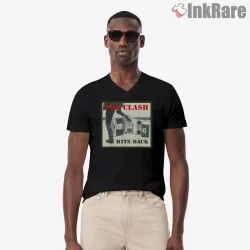 The Clash Hits Back Album Cover Boombox Shirt on black v-neck shirt for men graphic tee