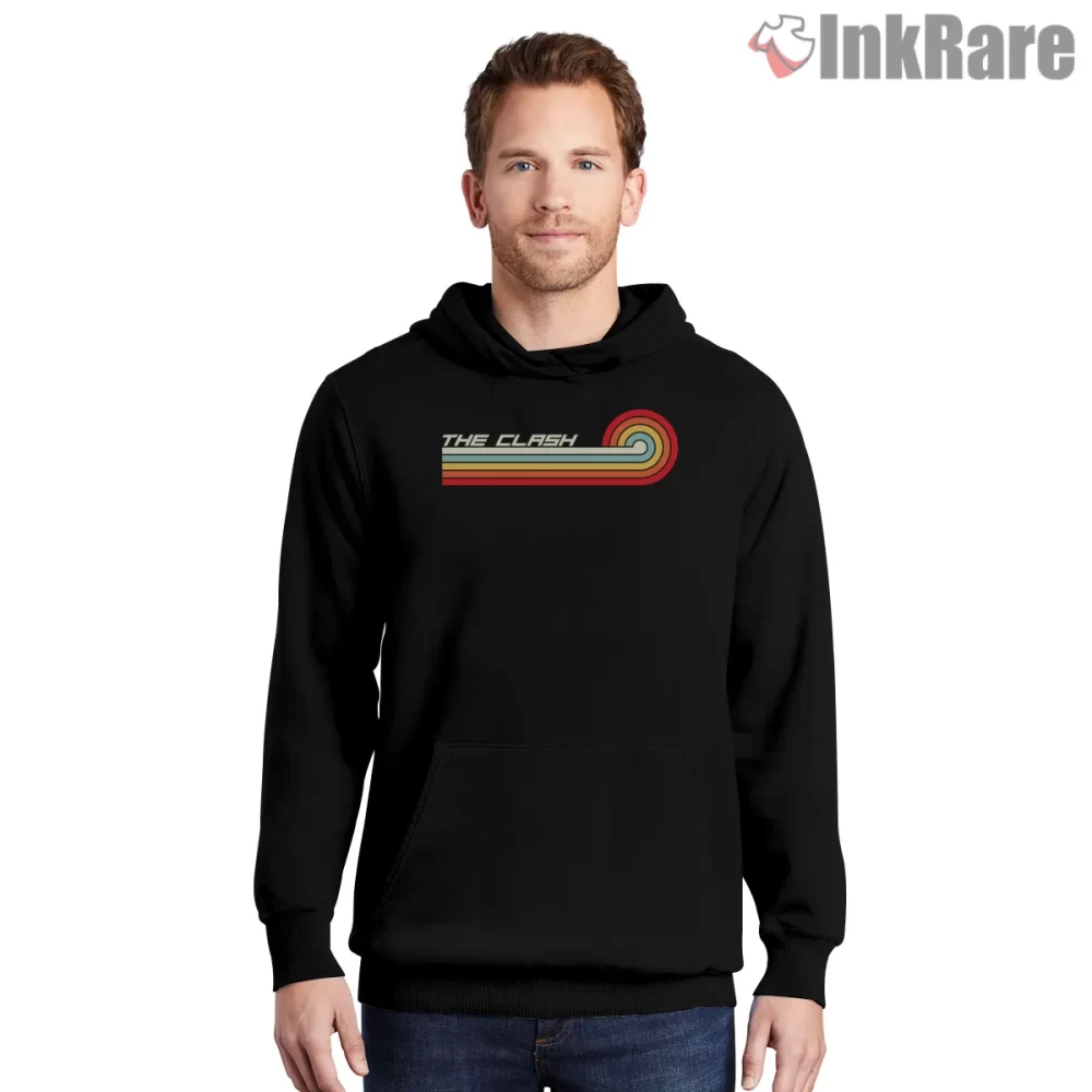 The Clash Horizontal Stripe Retro Groove Shirt on black hoodie for men graphic tee