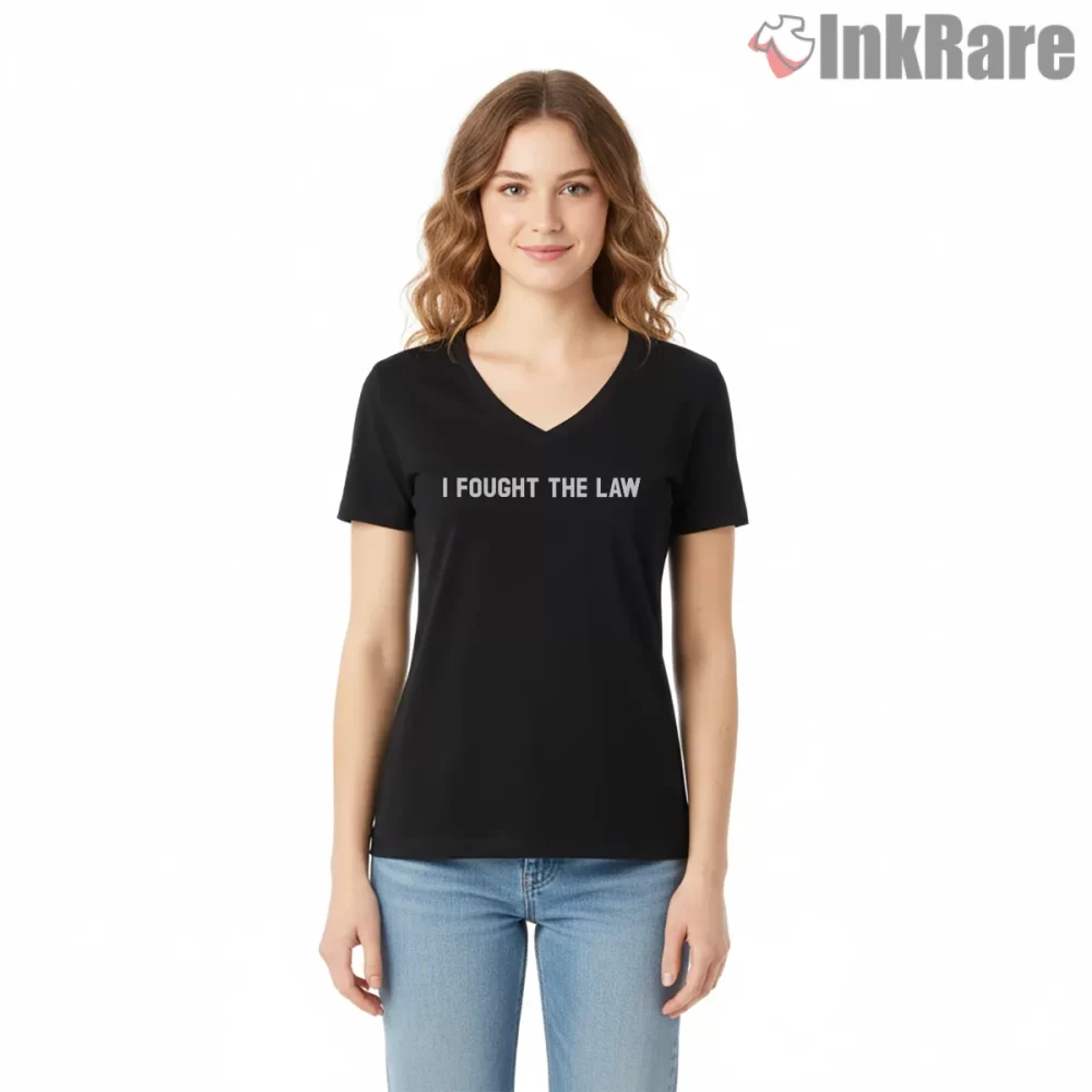 The Clash I Fought The Law Minimal Lyric Shirt on black v-neck shirt for women graphic tee