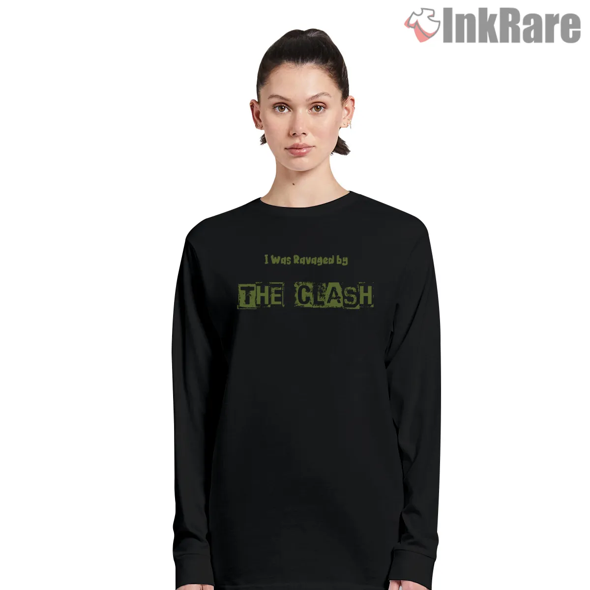 The Clash I Was Ravaged Lyric Statement Shirt on black long sleeve shirt for women graphic tee