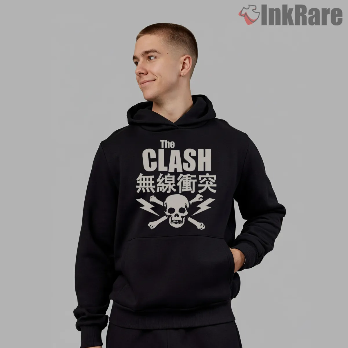 The Clash Japanese Text Skull And Bolts Punk Shirt on black hoodie for men graphic tee