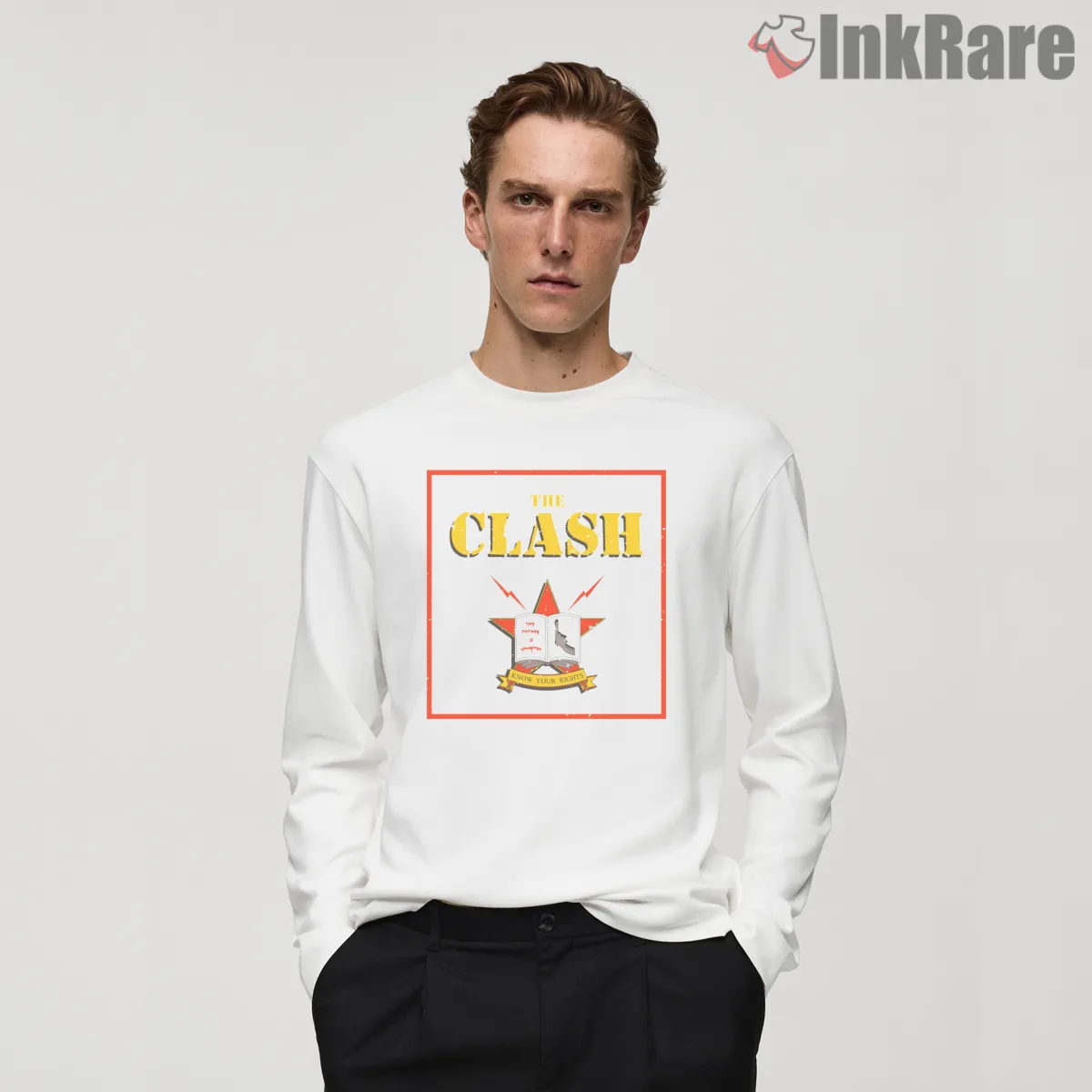 The Clash Know Your Rights Protest Emblem Shirt on white long sleeve shirt for men graphic tee