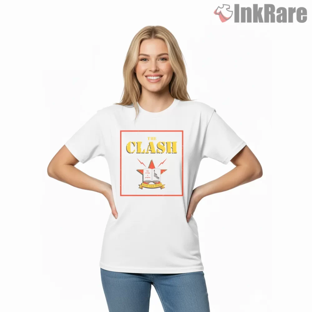 The Clash Know Your Rights Protest Emblem Shirt on white short sleeve shirt for women graphic tee