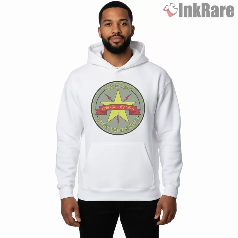 The Clash Know Your Rights Star Emblem Shirt on white hoodie for men graphic tee