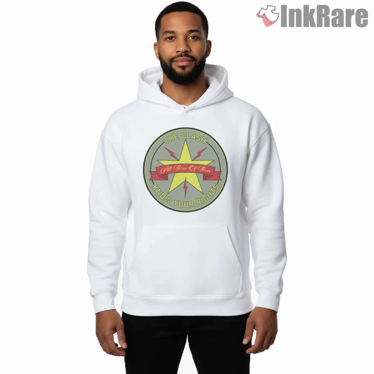 The Clash Know Your Rights Star Emblem Hoodie White The Clash Know Your Rights Star Emblem Shirt on white hoodie for men graphic tee