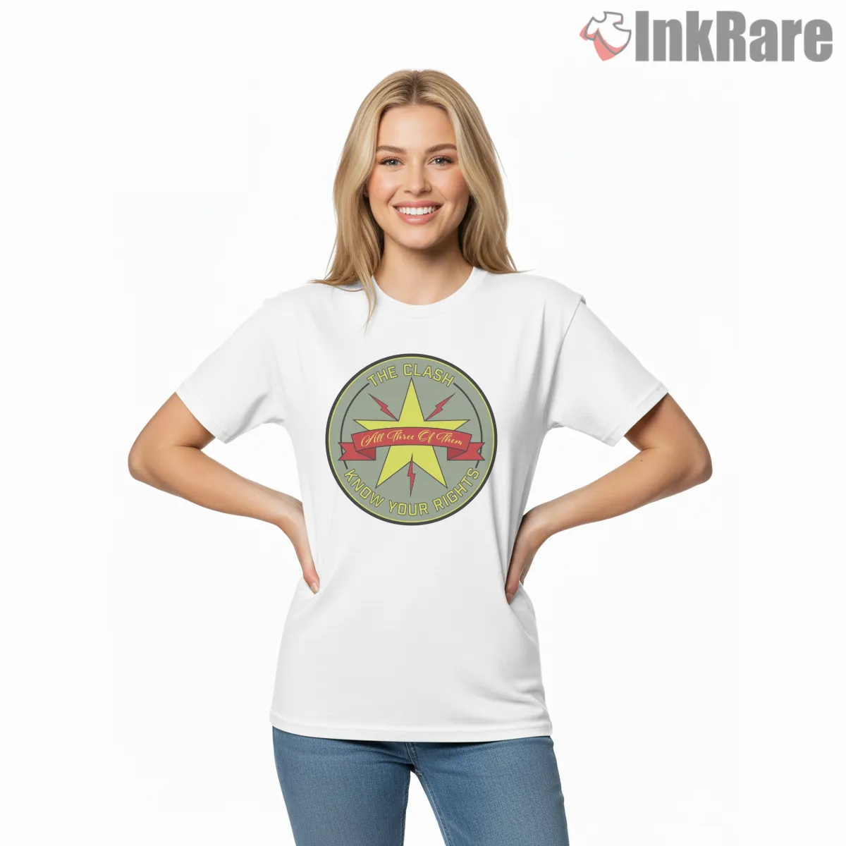 The Clash Know Your Rights Star Emblem Short Sleeve White The Clash Know Your Rights Star Emblem Shirt on white short sleeve shirt for women graphic tee