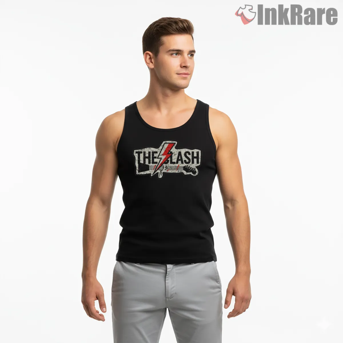 The Clash Lightning Bolt Distressed Band Logo Tank Top Black The Clash Lightning Bolt Distressed Band Logo Shirt on black tank top for men graphic tee