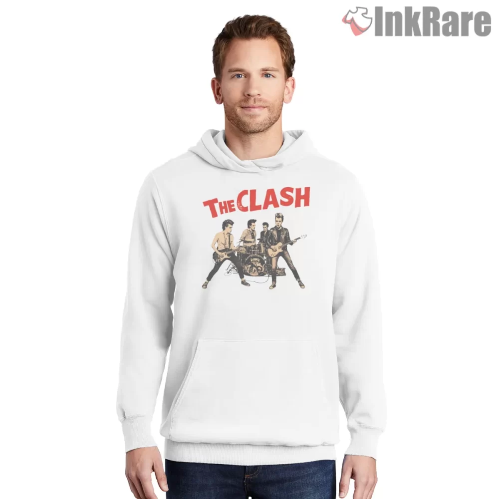 The Clash Live Punk Rock Band Illustration Shirt on white hoodie for men graphic tee