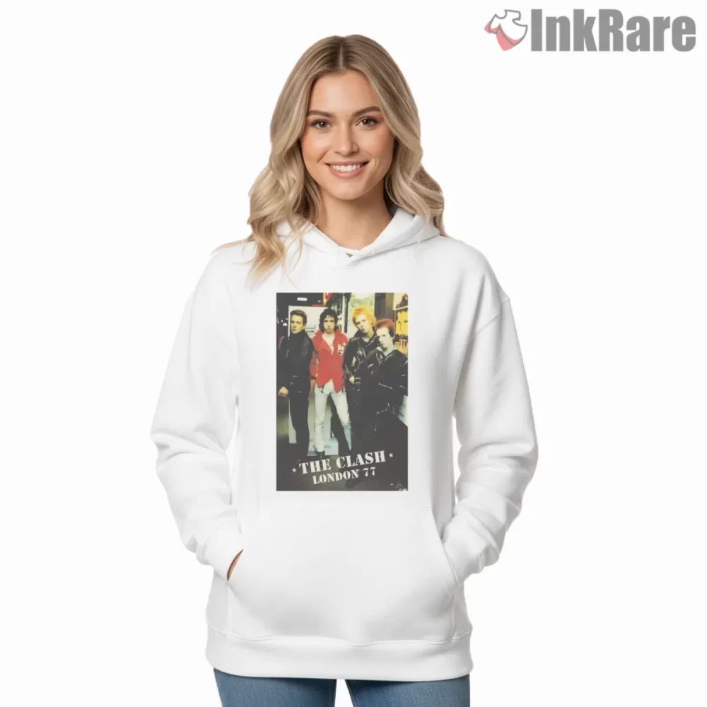 The Clash London 1977 Vintage Band Shirt on white hoodie for women graphic tee