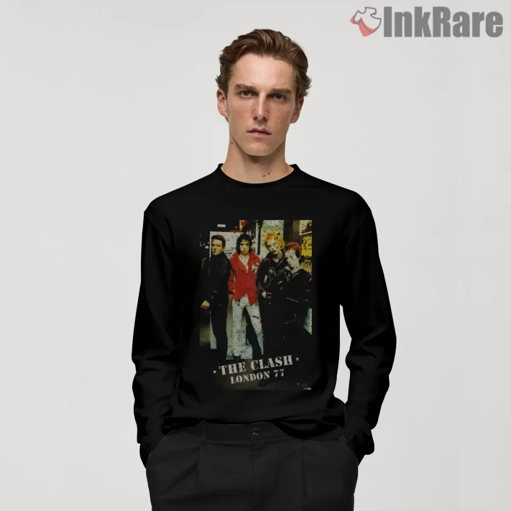 The Clash London 77 Vintage Street Crew Shirt on black long sleeve shirt for men graphic tee