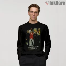 The Clash London 77 Vintage Street Crew Shirt on black long sleeve shirt for men graphic tee
