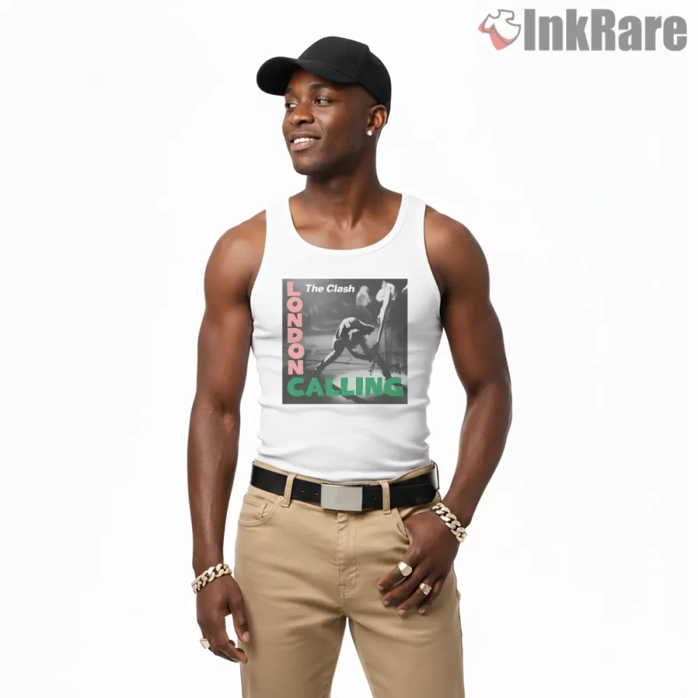 The Clash London Calling Bass Smash Icon Shirt on white tank top for men graphic tee