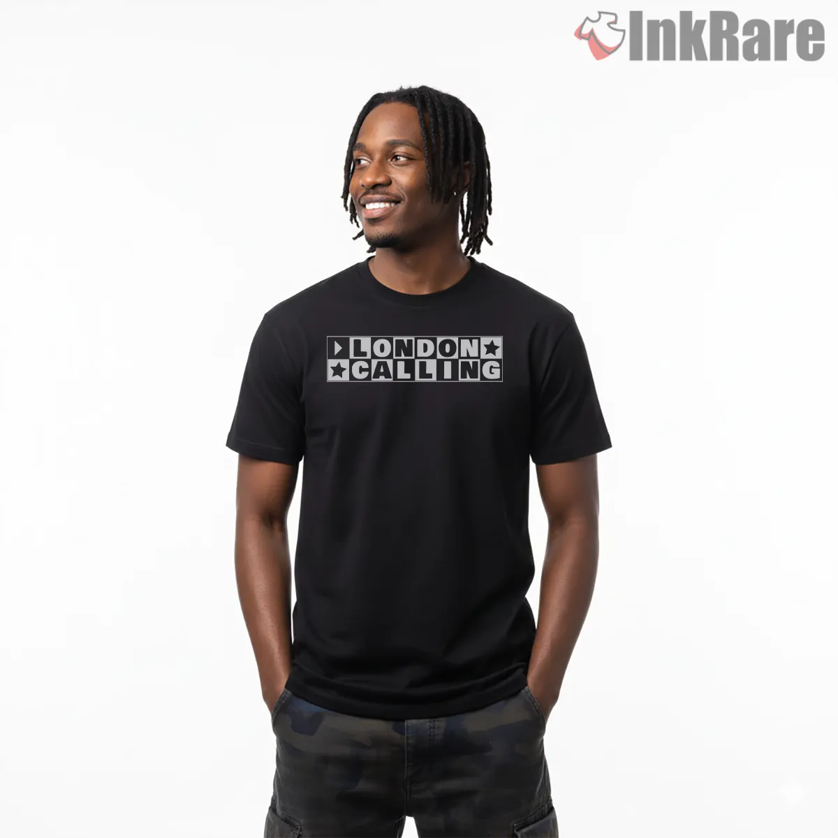 The Clash London Calling Bold Text Block Shirt on black short sleeve shirt for men graphic tee