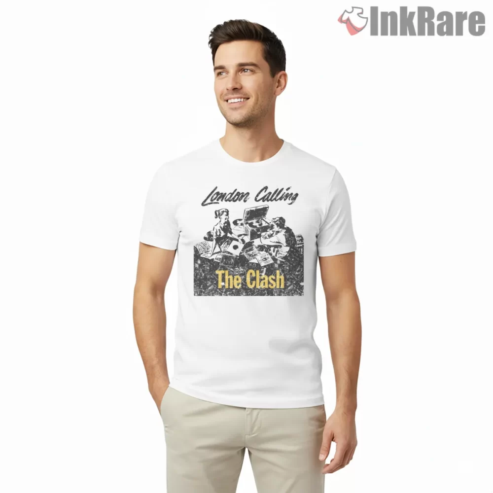 The Clash London Calling Collage Distressed Shirt on white short sleeve shirt for men graphic tee