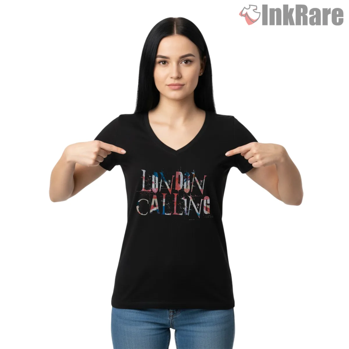 The Clash London Calling Distressed Neon Type V Neck Black The Clash London Calling Distressed Neon Type Shirt on black v-neck shirt for women graphic tee