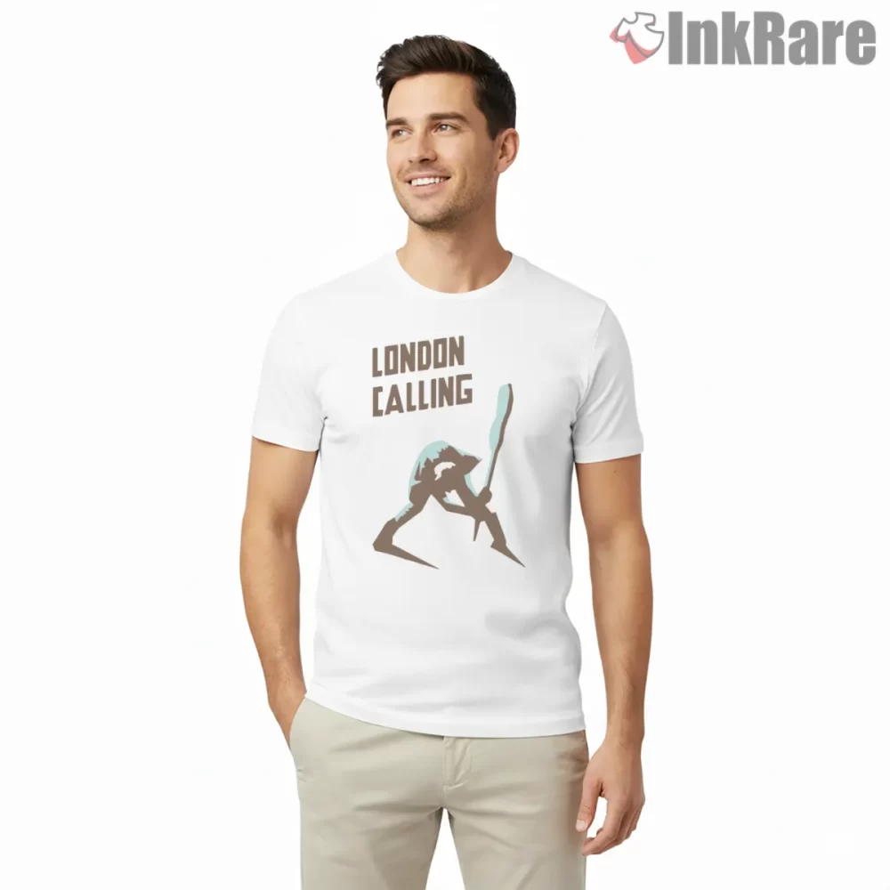 The Clash London Calling Guitar Smash Silhouette Shirt on white short sleeve shirt for men graphic tee