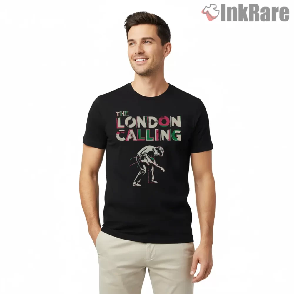 The Clash London Calling Guitarist Motion Shirt on black short sleeve shirt for men graphic tee