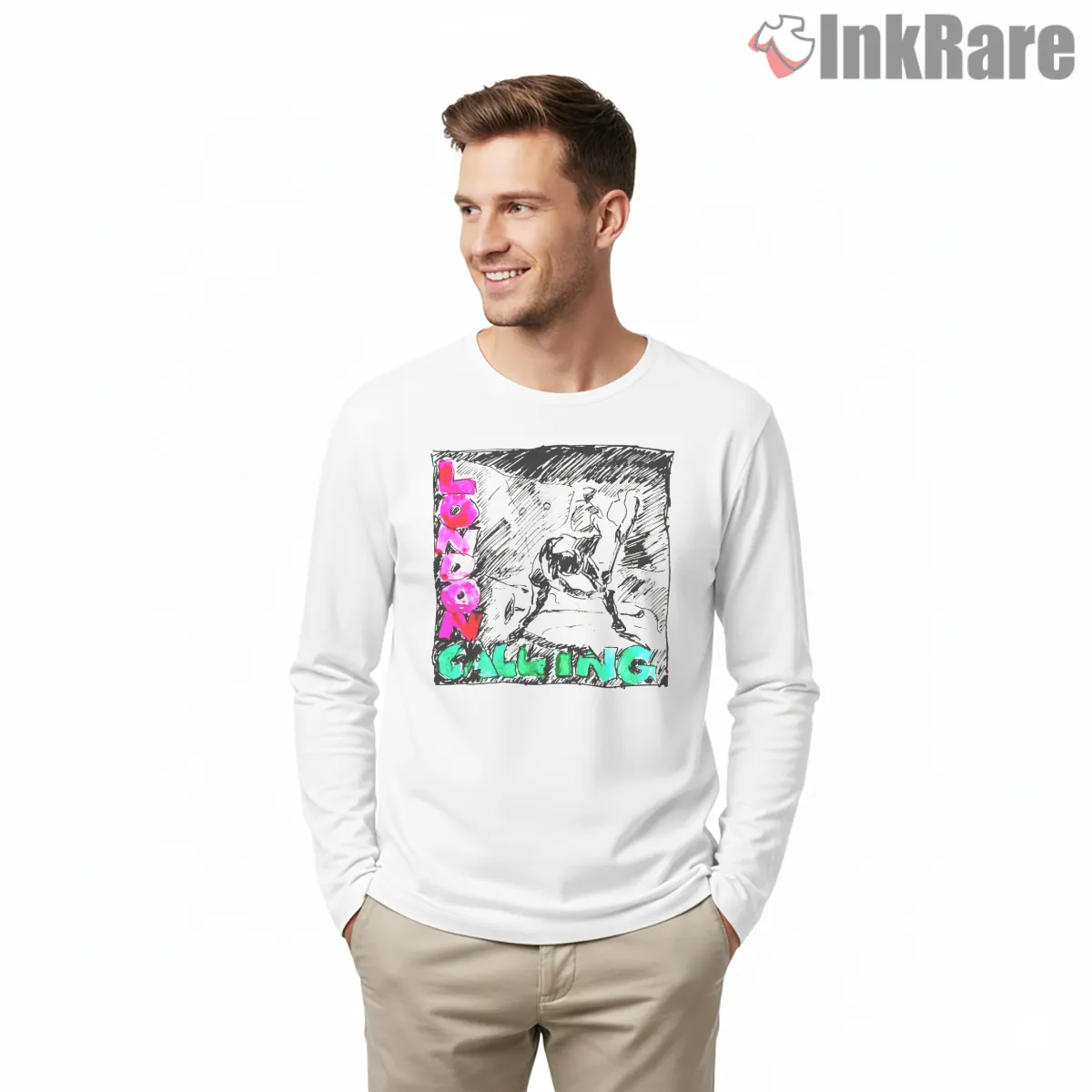 The Clash London Calling Hand Drawn Distressed Shirt on white long sleeve shirt for men graphic tee