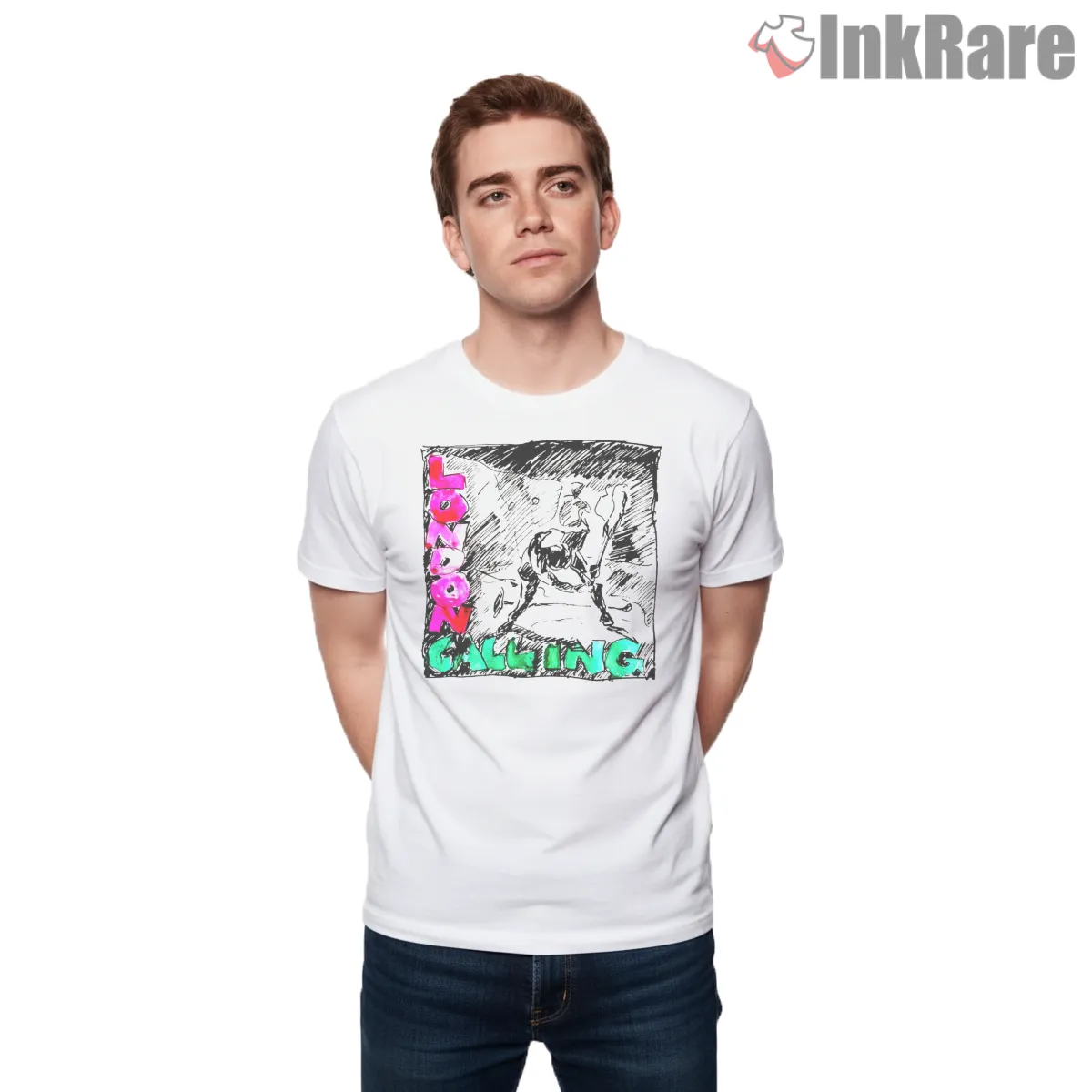The Clash London Calling Hand Drawn Distressed Short Sleeve White The Clash London Calling Hand Drawn Distressed Shirt on white short sleeve shirt for men graphic tee