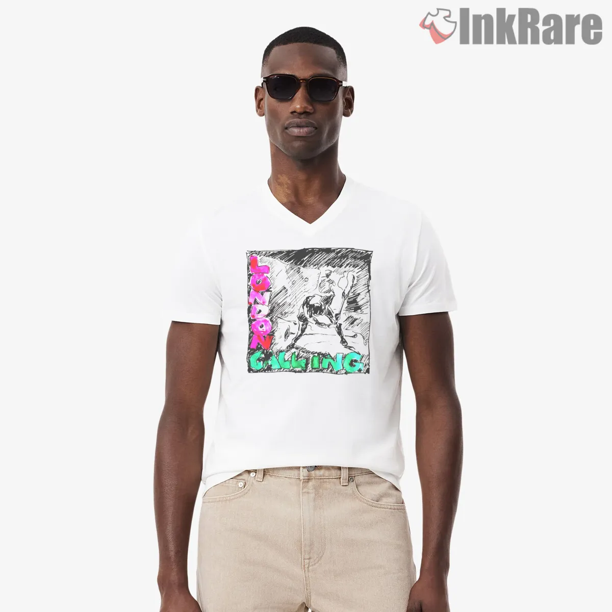 The Clash London Calling Hand Drawn Distressed V Neck White The Clash London Calling Hand Drawn Distressed Shirt on white v-neck shirt for men graphic tee